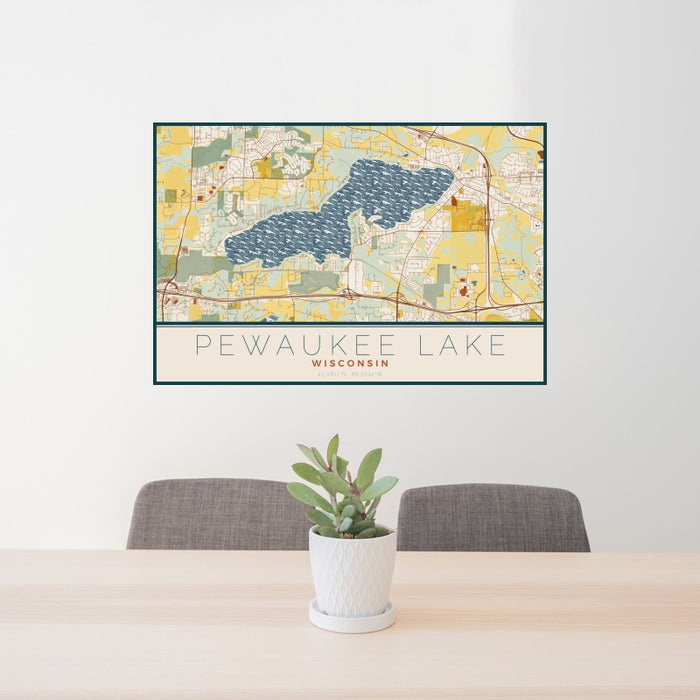 24x36 Pewaukee Lake Wisconsin Map Print Landscape Orientation in Woodblock Style Behind 2 Chairs Table and Potted Plant