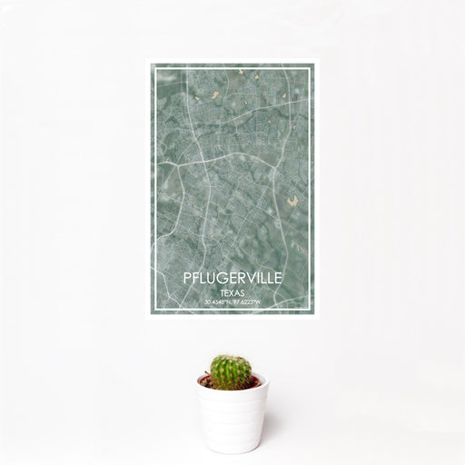 12x18 Pflugerville Texas Map Print Portrait Orientation in Afternoon Style With Small Cactus Plant in White Planter