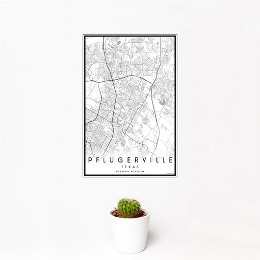 12x18 Pflugerville Texas Map Print Portrait Orientation in Classic Style With Small Cactus Plant in White Planter
