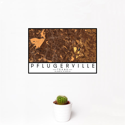 12x18 Pflugerville Texas Map Print Landscape Orientation in Ember Style With Small Cactus Plant in White Planter