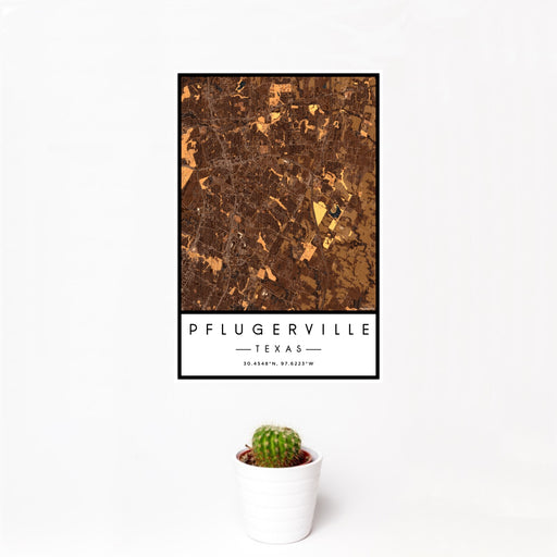 12x18 Pflugerville Texas Map Print Portrait Orientation in Ember Style With Small Cactus Plant in White Planter
