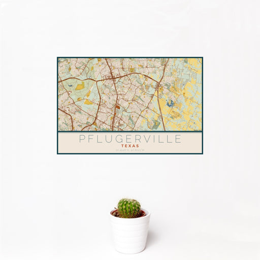 12x18 Pflugerville Texas Map Print Landscape Orientation in Woodblock Style With Small Cactus Plant in White Planter