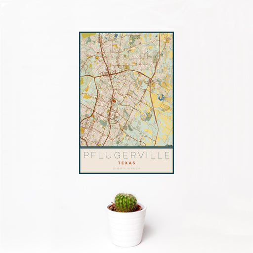 12x18 Pflugerville Texas Map Print Portrait Orientation in Woodblock Style With Small Cactus Plant in White Planter