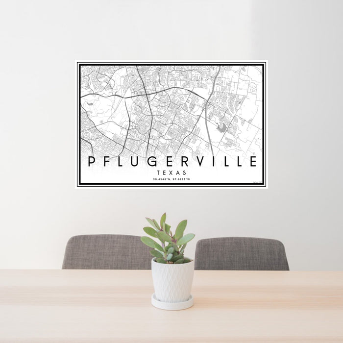 24x36 Pflugerville Texas Map Print Lanscape Orientation in Classic Style Behind 2 Chairs Table and Potted Plant