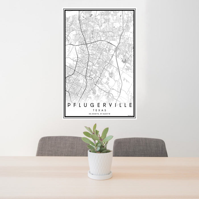 24x36 Pflugerville Texas Map Print Portrait Orientation in Classic Style Behind 2 Chairs Table and Potted Plant