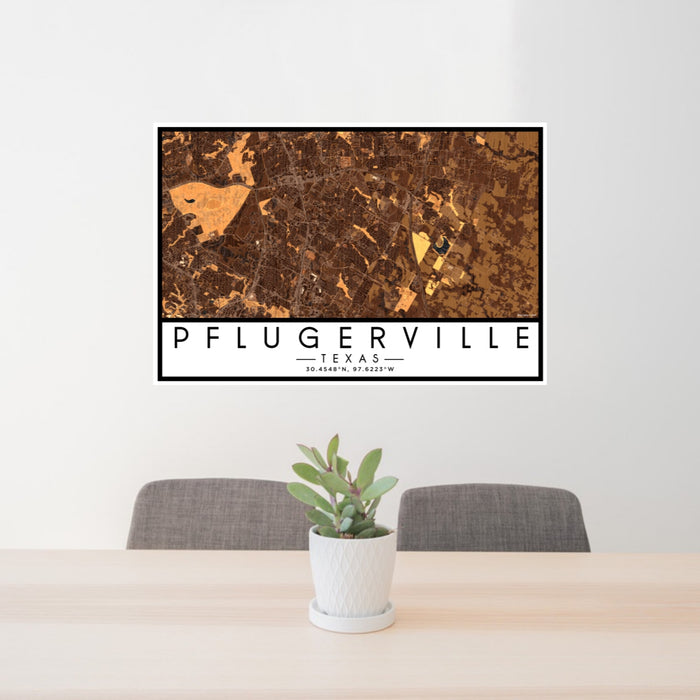 24x36 Pflugerville Texas Map Print Lanscape Orientation in Ember Style Behind 2 Chairs Table and Potted Plant