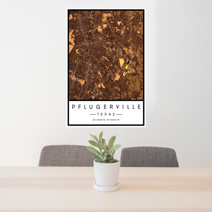 24x36 Pflugerville Texas Map Print Portrait Orientation in Ember Style Behind 2 Chairs Table and Potted Plant