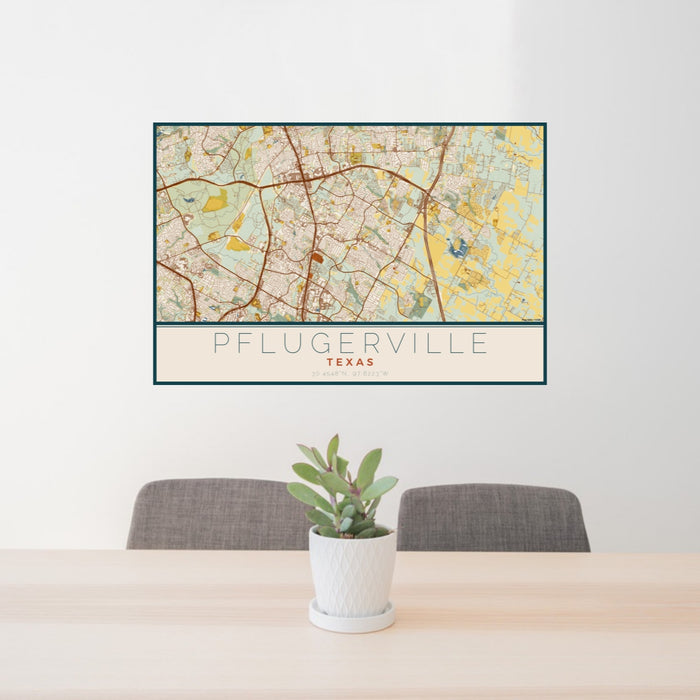 24x36 Pflugerville Texas Map Print Lanscape Orientation in Woodblock Style Behind 2 Chairs Table and Potted Plant