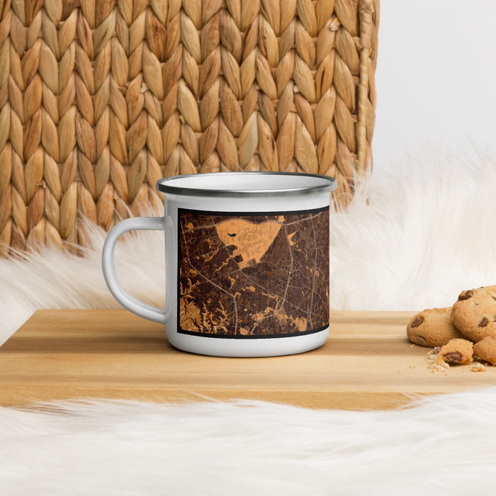Left View Custom Pflugerville Texas Map Enamel Mug in Ember on Table Top