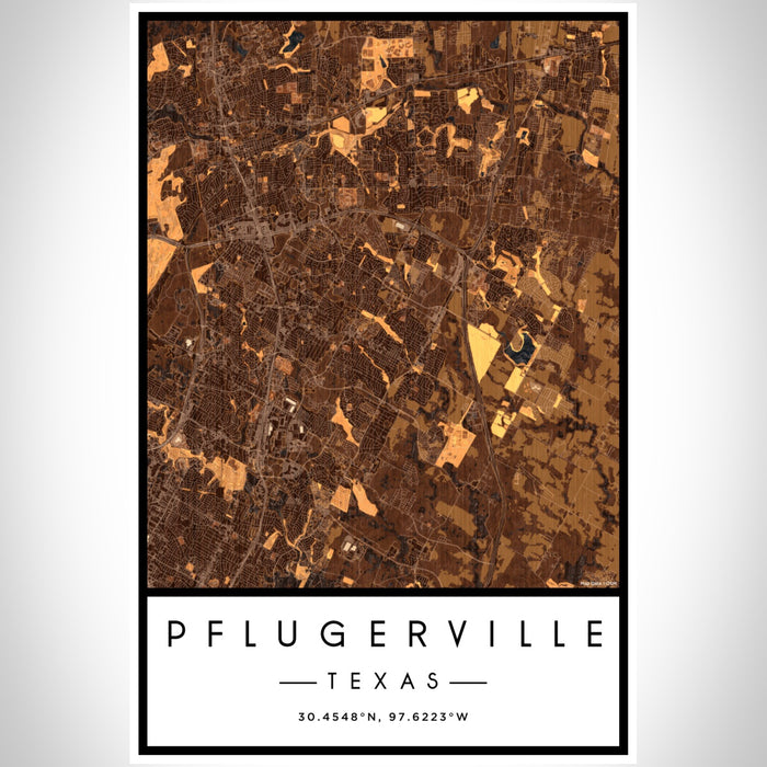 Pflugerville Texas Map Print Portrait Orientation in Ember Style With Shaded Background