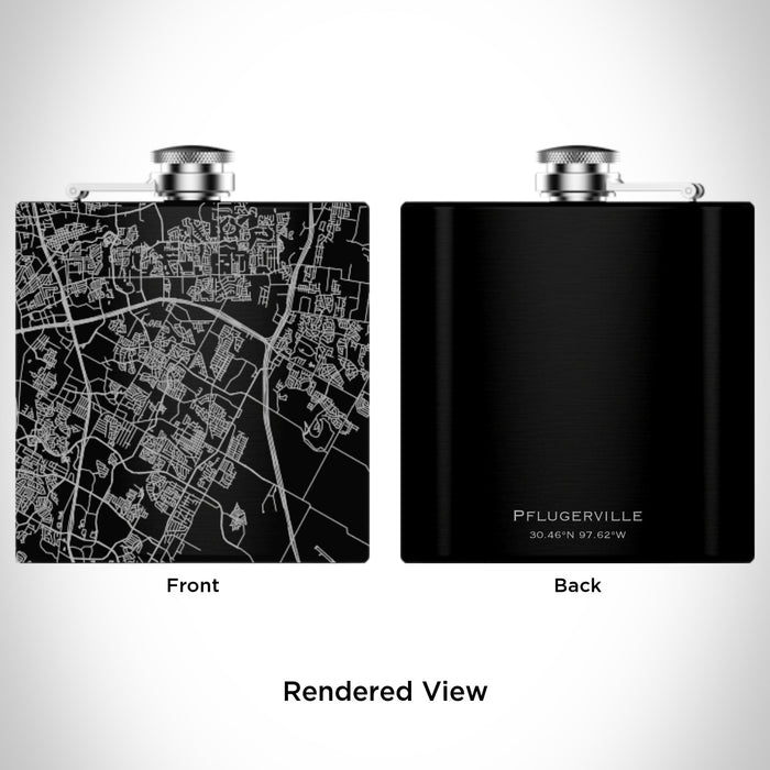 Rendered View of Pflugerville Texas Map Engraving on 6oz Stainless Steel Flask in Black