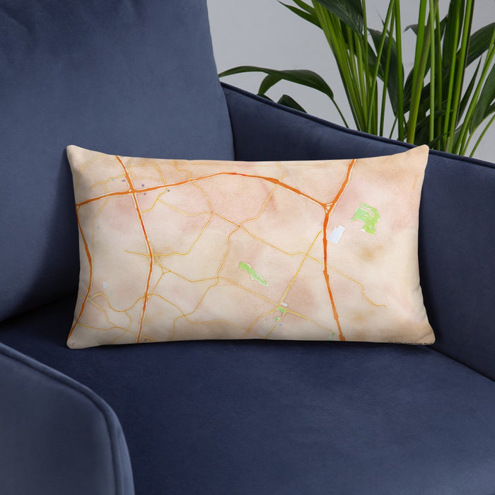 Custom Pflugerville Texas Map Throw Pillow in Watercolor on Blue Colored Chair