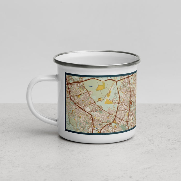 Left View Custom Pflugerville Texas Map Enamel Mug in Woodblock