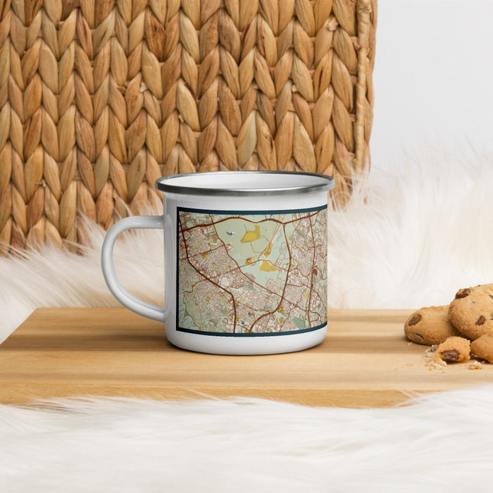 Left View Custom Pflugerville Texas Map Enamel Mug in Woodblock on Table Top