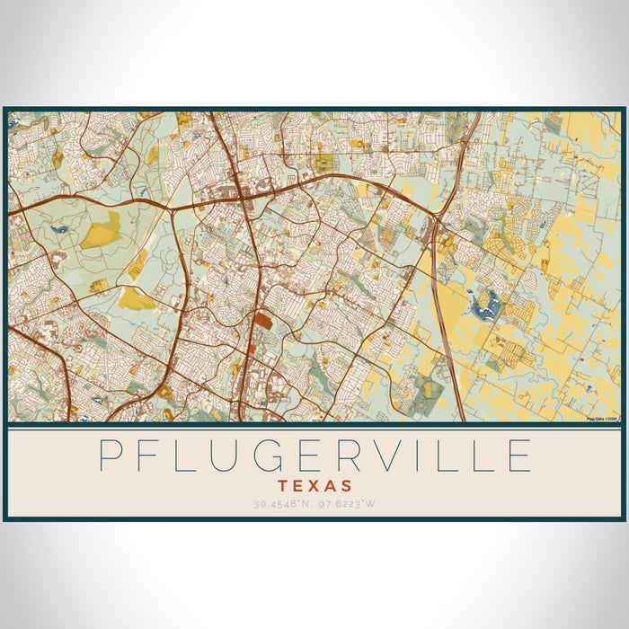 Pflugerville Texas Map Print Landscape Orientation in Woodblock Style With Shaded Background
