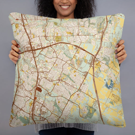 Person holding 22x22 Custom Pflugerville Texas Map Throw Pillow in Woodblock
