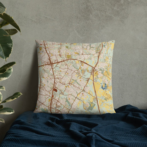 Custom Pflugerville Texas Map Throw Pillow in Woodblock on Bedding Against Wall