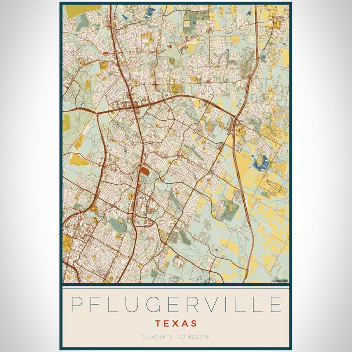 Pflugerville Texas Map Print Portrait Orientation in Woodblock Style With Shaded Background