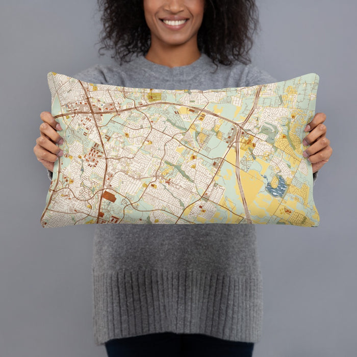 Person holding 20x12 Custom Pflugerville Texas Map Throw Pillow in Woodblock