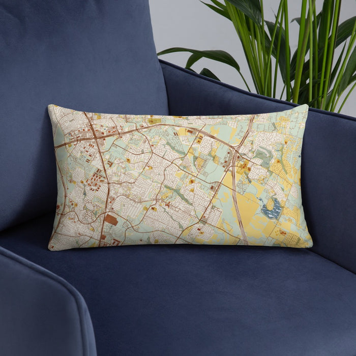 Custom Pflugerville Texas Map Throw Pillow in Woodblock on Blue Colored Chair