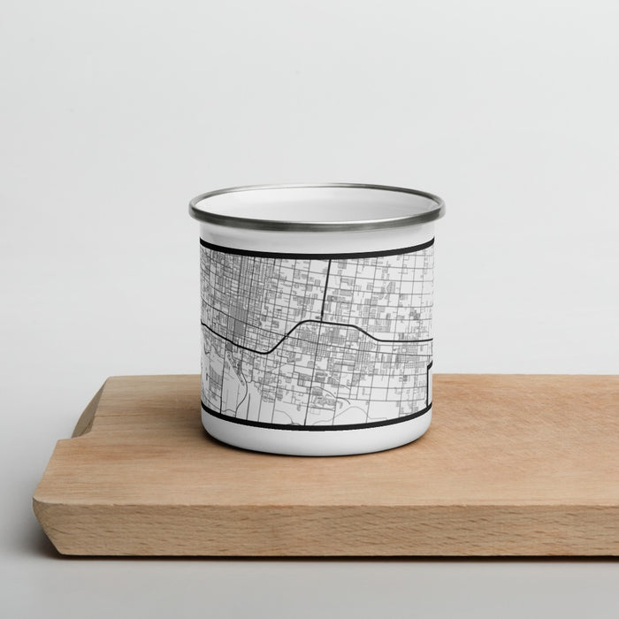 Front View Custom Pharr Texas Map Enamel Mug in Classic on Cutting Board