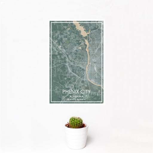 12x18 Phenix City Alabama Map Print Portrait Orientation in Afternoon Style With Small Cactus Plant in White Planter