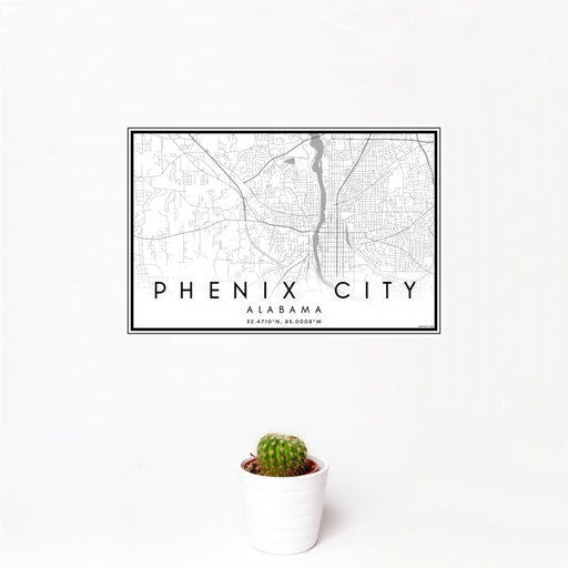 12x18 Phenix City Alabama Map Print Landscape Orientation in Classic Style With Small Cactus Plant in White Planter