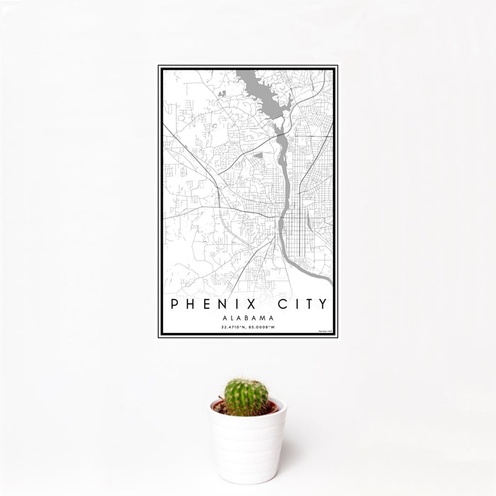 12x18 Phenix City Alabama Map Print Portrait Orientation in Classic Style With Small Cactus Plant in White Planter