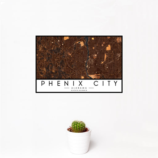 12x18 Phenix City Alabama Map Print Landscape Orientation in Ember Style With Small Cactus Plant in White Planter