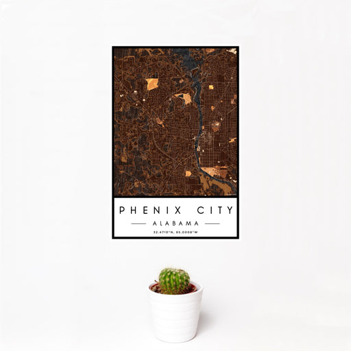 12x18 Phenix City Alabama Map Print Portrait Orientation in Ember Style With Small Cactus Plant in White Planter