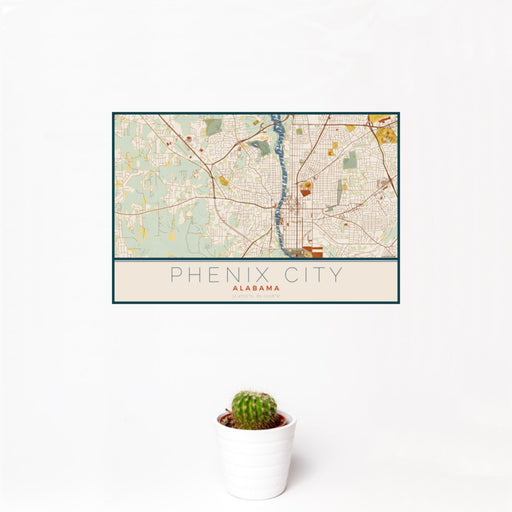 12x18 Phenix City Alabama Map Print Landscape Orientation in Woodblock Style With Small Cactus Plant in White Planter