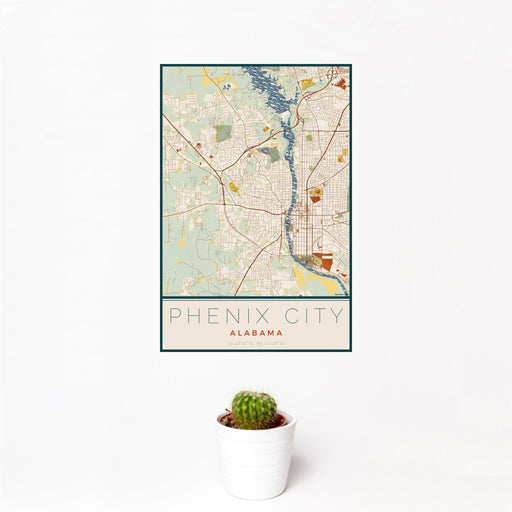 12x18 Phenix City Alabama Map Print Portrait Orientation in Woodblock Style With Small Cactus Plant in White Planter