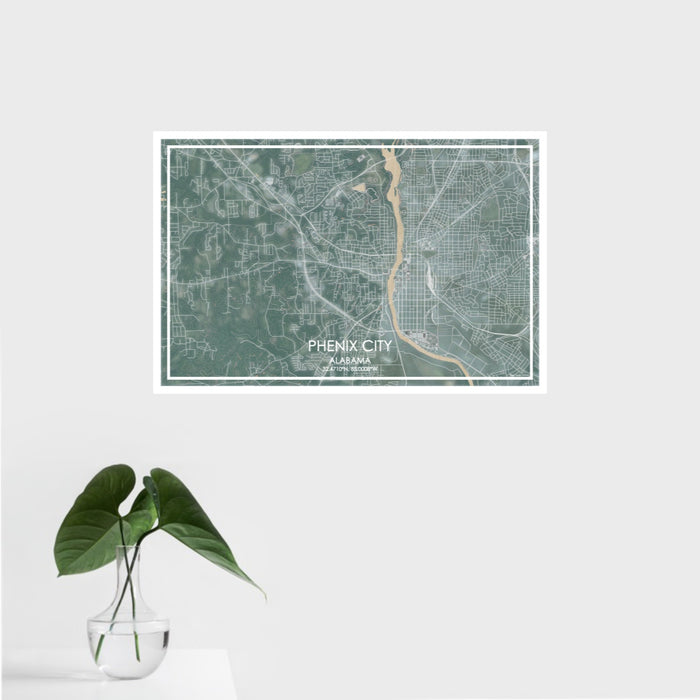 16x24 Phenix City Alabama Map Print Landscape Orientation in Afternoon Style With Tropical Plant Leaves in Water