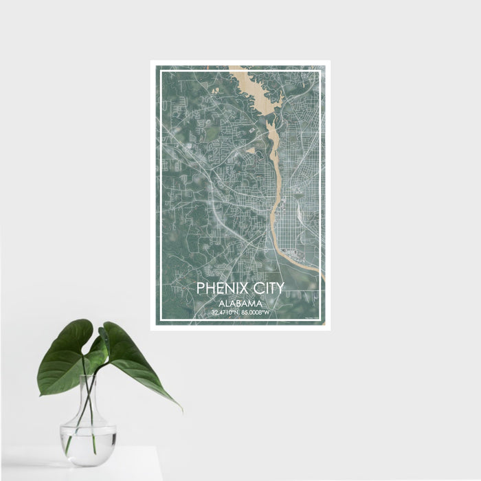 16x24 Phenix City Alabama Map Print Portrait Orientation in Afternoon Style With Tropical Plant Leaves in Water