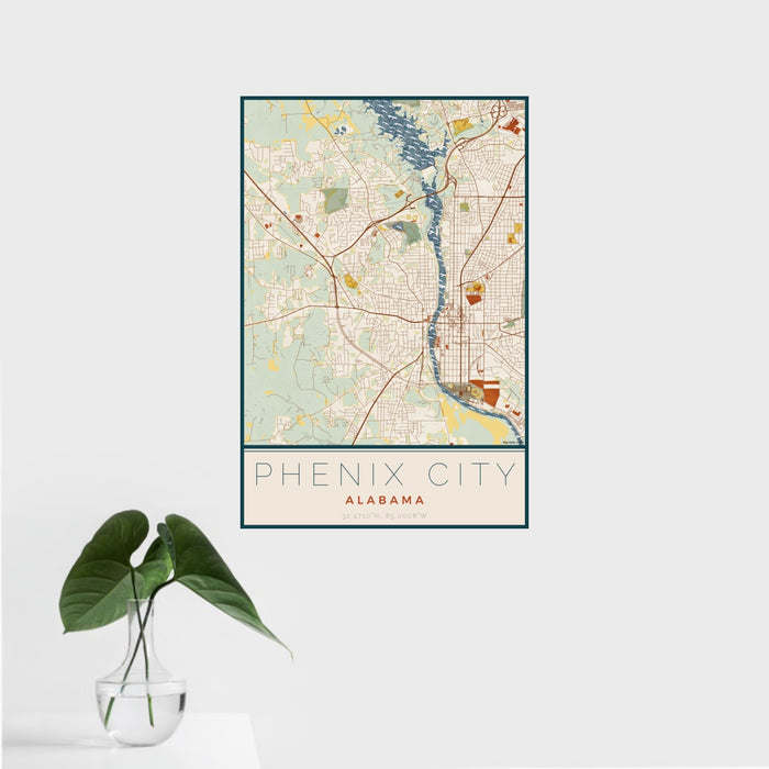 16x24 Phenix City Alabama Map Print Portrait Orientation in Woodblock Style With Tropical Plant Leaves in Water