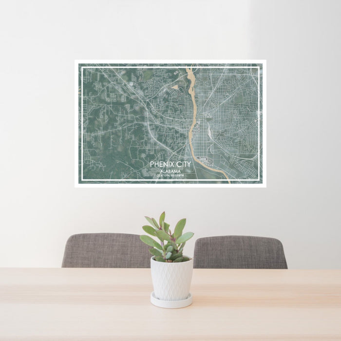 24x36 Phenix City Alabama Map Print Lanscape Orientation in Afternoon Style Behind 2 Chairs Table and Potted Plant