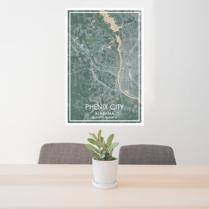 24x36 Phenix City Alabama Map Print Portrait Orientation in Afternoon Style Behind 2 Chairs Table and Potted Plant