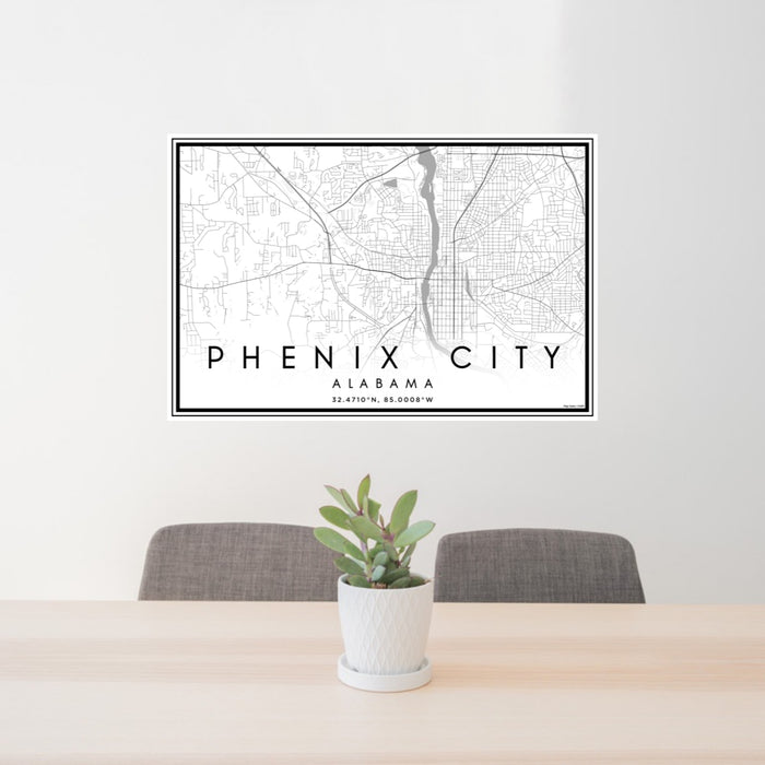 24x36 Phenix City Alabama Map Print Lanscape Orientation in Classic Style Behind 2 Chairs Table and Potted Plant