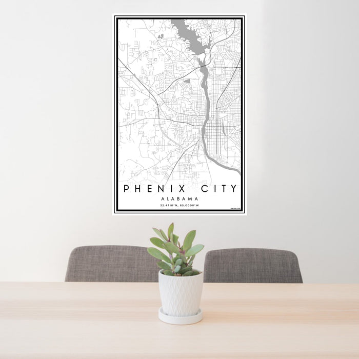 24x36 Phenix City Alabama Map Print Portrait Orientation in Classic Style Behind 2 Chairs Table and Potted Plant