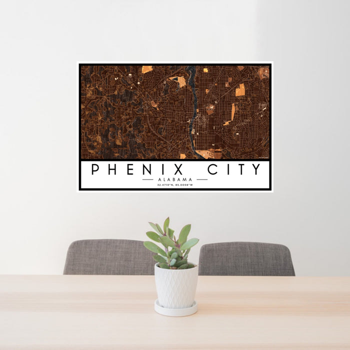 24x36 Phenix City Alabama Map Print Lanscape Orientation in Ember Style Behind 2 Chairs Table and Potted Plant