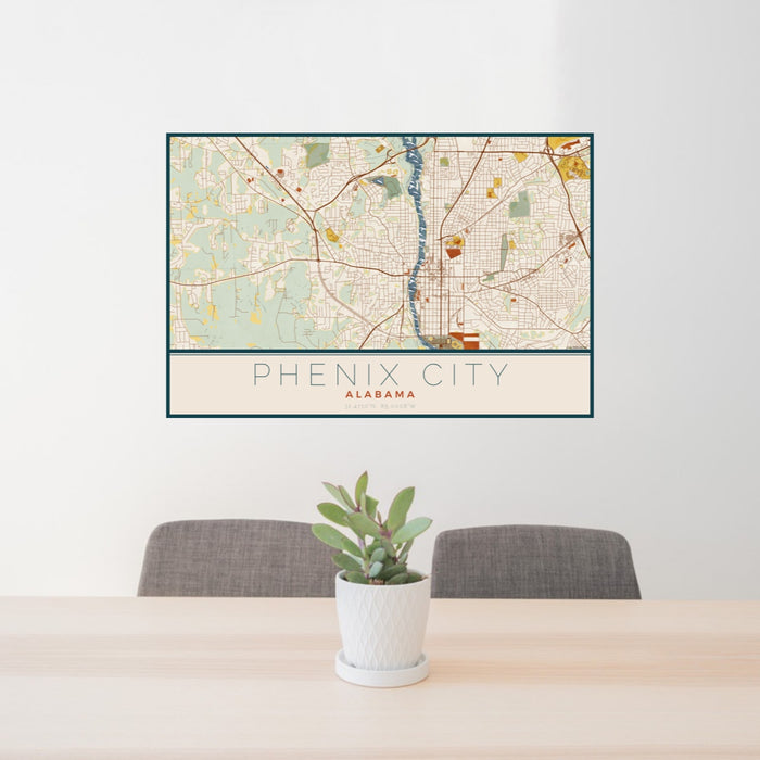 24x36 Phenix City Alabama Map Print Lanscape Orientation in Woodblock Style Behind 2 Chairs Table and Potted Plant
