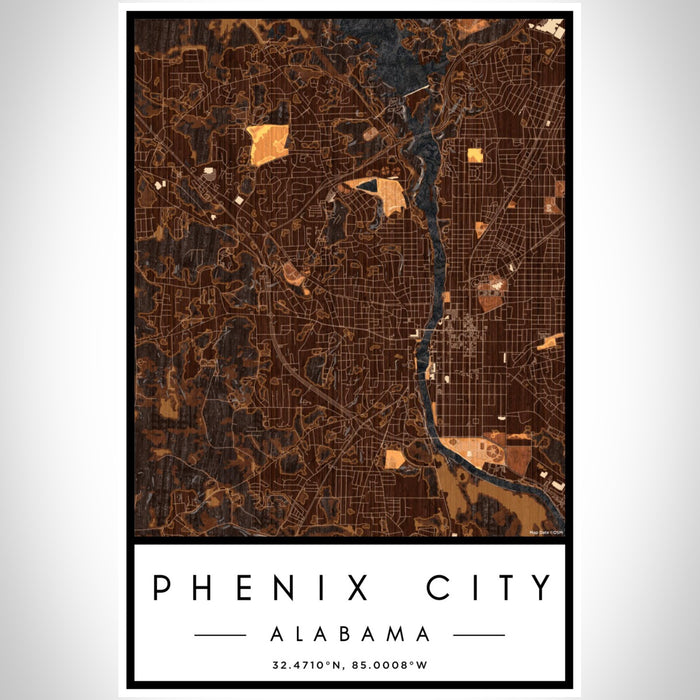 Phenix City Alabama Map Print Portrait Orientation in Ember Style With Shaded Background