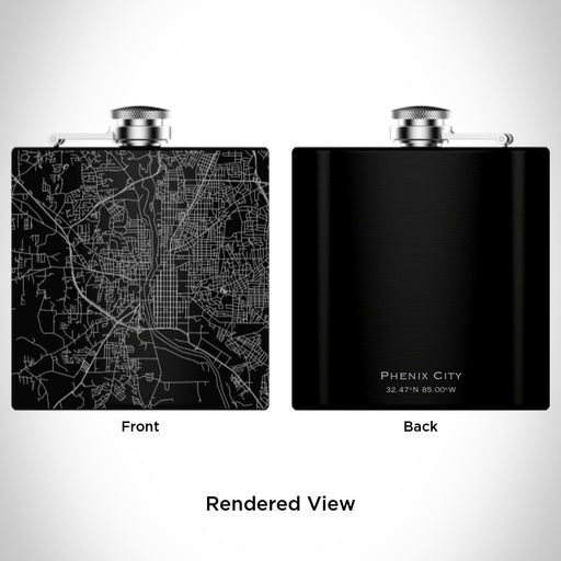 Rendered View of Phenix City Alabama Map Engraving on 6oz Stainless Steel Flask in Black