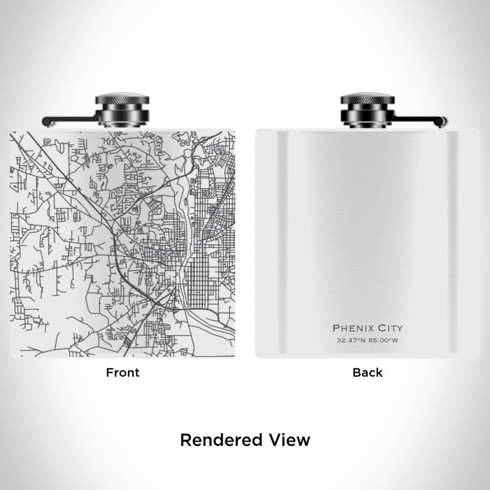 Rendered View of Phenix City Alabama Map Engraving on 6oz Stainless Steel Flask in White