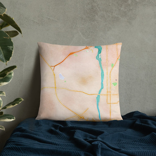 Custom Phenix City Alabama Map Throw Pillow in Watercolor on Bedding Against Wall