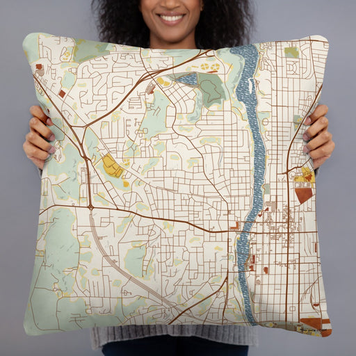 Person holding 22x22 Custom Phenix City Alabama Map Throw Pillow in Woodblock