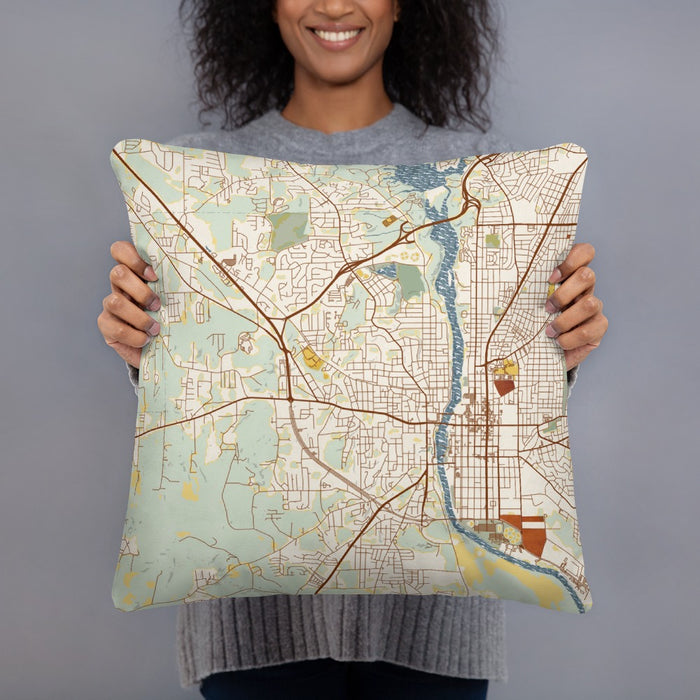 Person holding 18x18 Custom Phenix City Alabama Map Throw Pillow in Woodblock