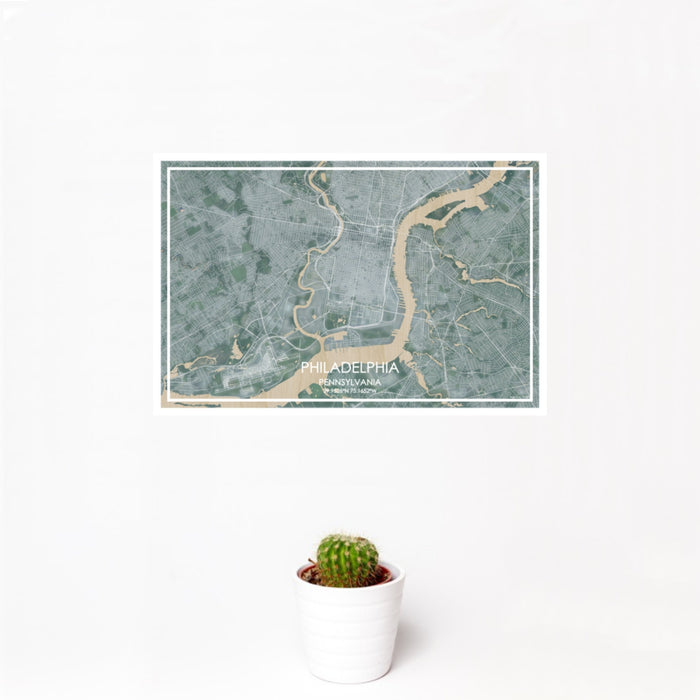 12x18 Philadelphia Pennsylvania Map Print Landscape Orientation in Afternoon Style With Small Cactus Plant in White Planter