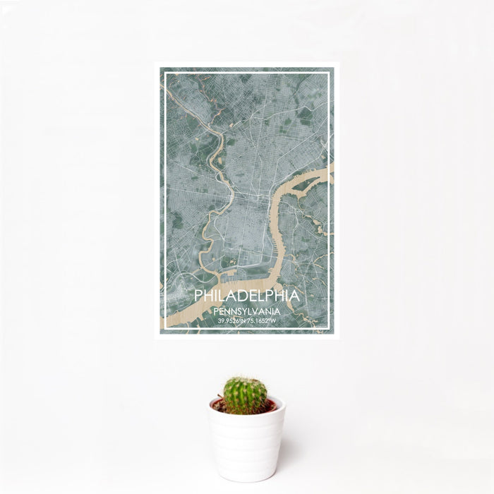 12x18 Philadelphia Pennsylvania Map Print Portrait Orientation in Afternoon Style With Small Cactus Plant in White Planter