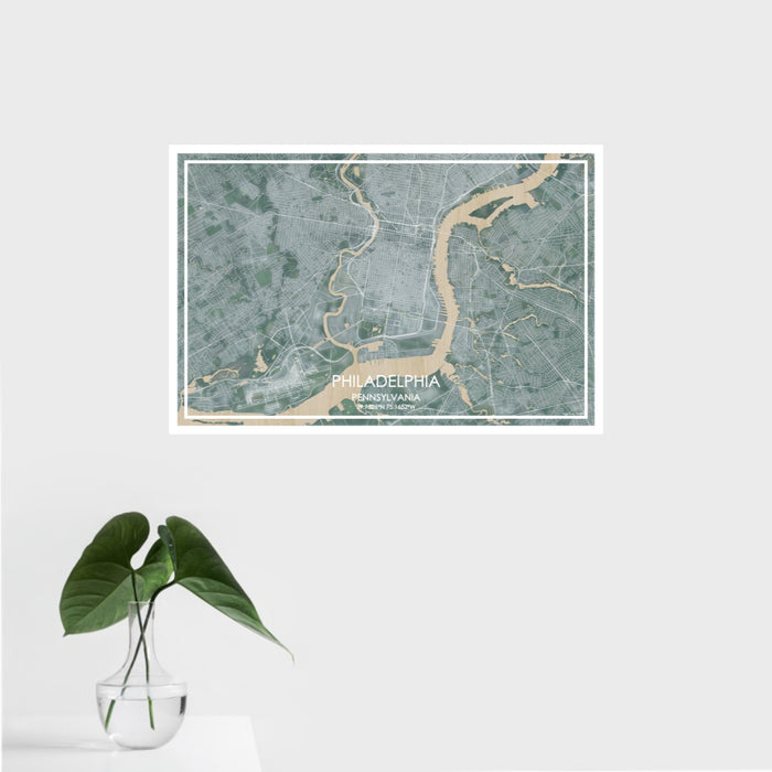 16x24 Philadelphia Pennsylvania Map Print Landscape Orientation in Afternoon Style With Tropical Plant Leaves in Water